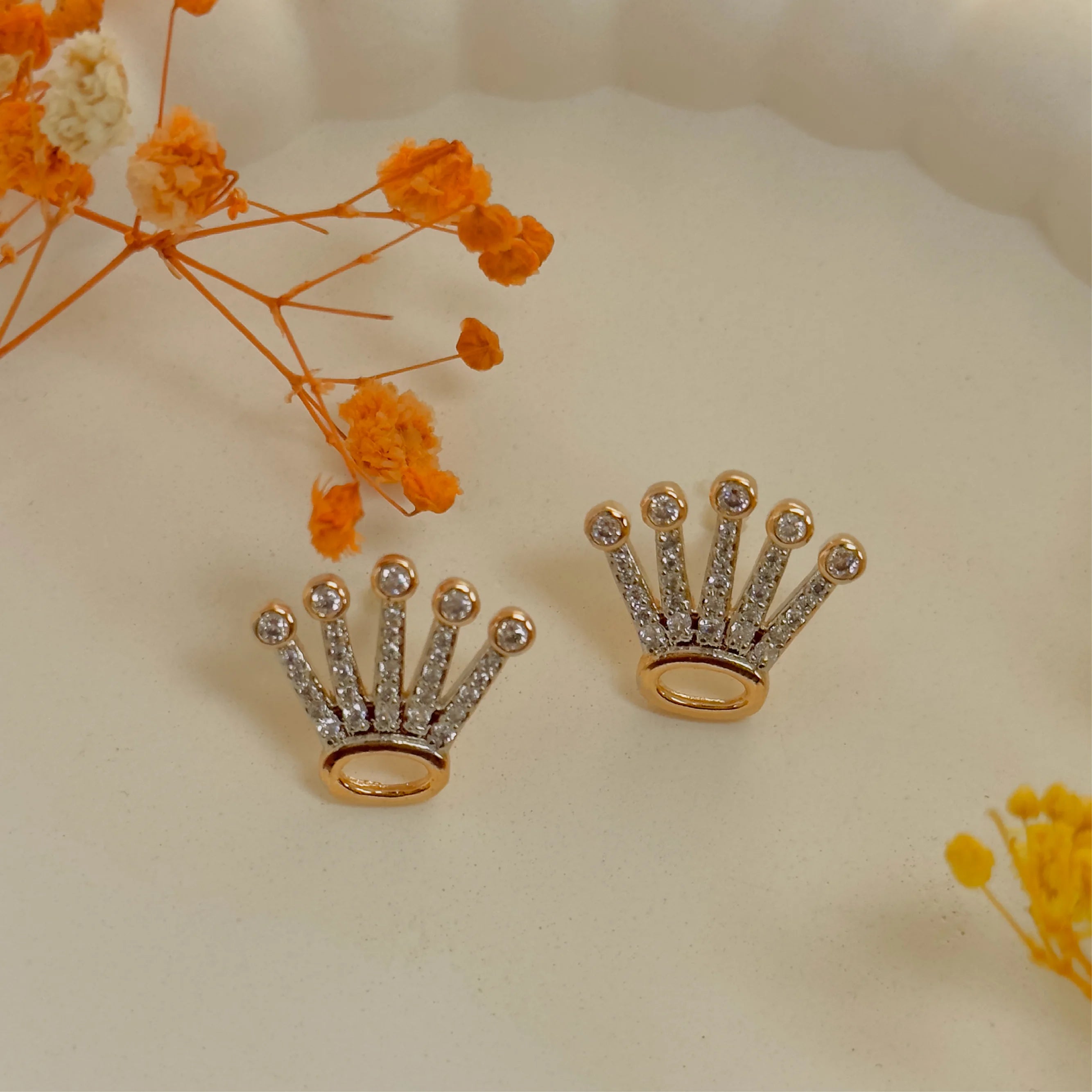 Regal Crown Diamond-Studded Gold Earrings